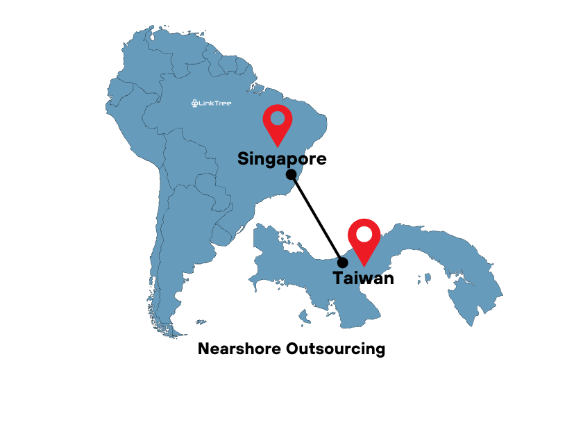 A visual representation of nearshore outsourcing between Singapore and Taiwan. The image highlights the closer geographical proximity that enables smoother collaboration and reduced operational risks.