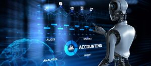 A futuristic robot interacts with a digital financial dashboard showcasing features like audit, budget, and analysis—representing the use of AI in Automated bank reconciliation and modern financial workflows.