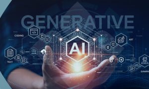 Generative AI concept illustration showing a digital interface with icons for coding, text, art, and gaming, representing diverse business applications in 2025
